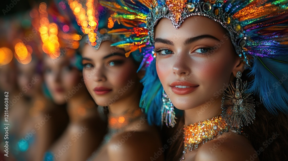 Fototapeta premium Carnival dancers pose, vibrant headdresses, night parade