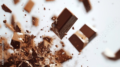 Exploding pieces of milk chocolate in mid-air against a white background.