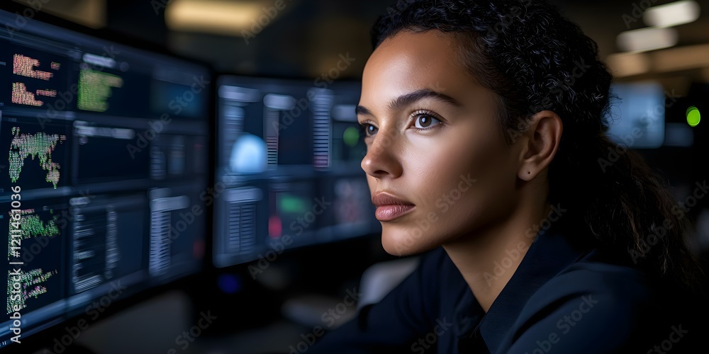 A focused individual is analyzing data or cybersecurity information on multiple computer screens. Concept Data Analysis, Cybersecurity Monitoring, Multi-Screen Setup, Focused Individual A focused individual is analyzing data or cybersecurity information on multiple computer screens. Concept Data Analysis, Cybersecurity Monitoring, Multi-Screen Setup, Focused Individual