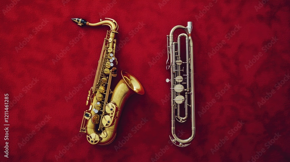 Naklejka premium A saxophone and a trumpet lying side by side on a red stage carpet.
