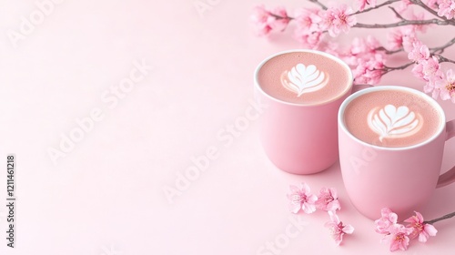 Spring Romance: Latte or Chocolate Cups with Cherry Blossoms, Perfect for National Spring Festivals and Backgrounds photo