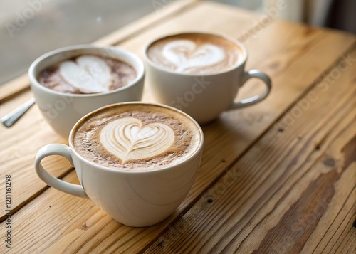 cup of Two coffee cups with latte art in the shape of hearts on a cozy wooden table photo