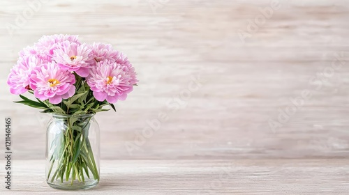 Wallpaper Mural Pink peonies in glass vase, wooden background, spring floral arrangement, greeting card design Torontodigital.ca