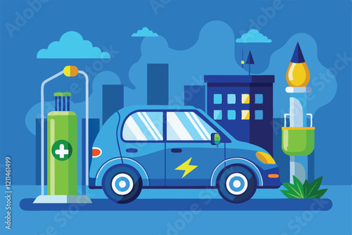 A blue electric vehicle is parked by a charging station in a lively city atmosphere Fuel and energy, Blue vehicle and automobile,