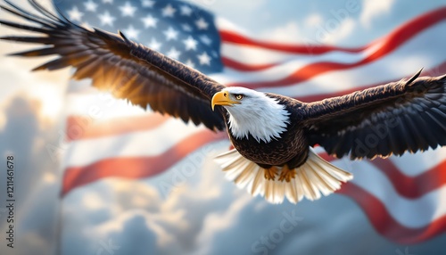 Majestic Bald Eagle Soaring American Flag Background