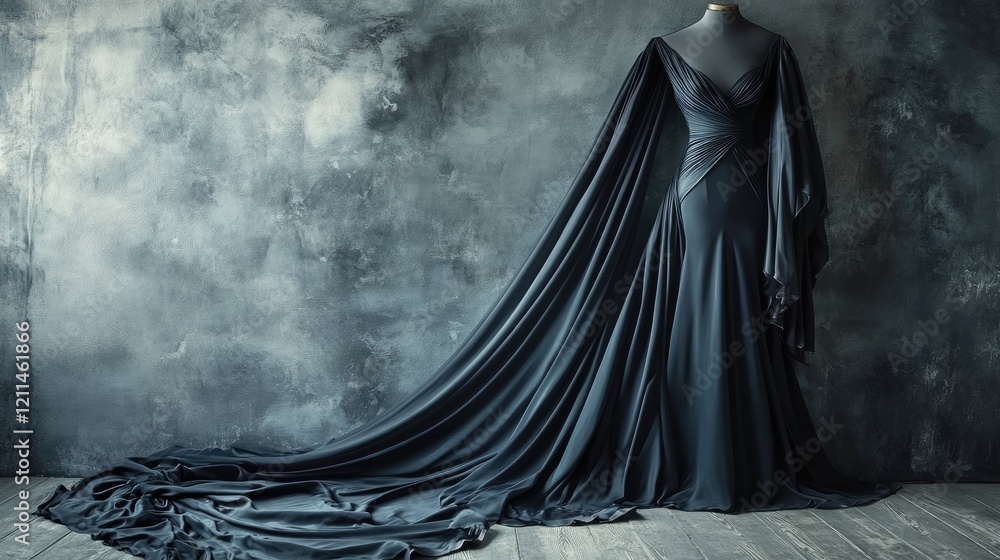 A stylish evening gown with a dramatic cut and flowing train, placed against a luxurious velvet backdrop A stylish evening gown with a dramatic cut and flowing train, placed against a luxurious velvet backdrop