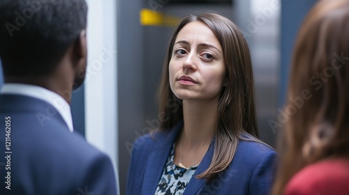 An employee in a crowded elevator with coworkers visibly turning away to avoid engaging with them. photo