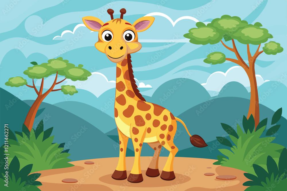 Fototapeta premium A cartoon giraffe smiles playfully in a colorful forest surrounded by trees and hills Funny cartoon of a giraffe