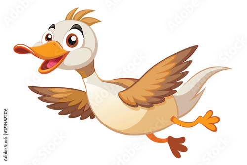 A cartoon goose is happily jumping in the air, embodying a lighthearted and cheerful mood funny cartoon goose jumping isolated on white background.