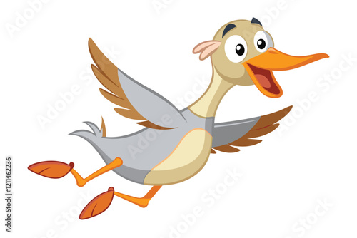 A cheerful cartoon goose is jumping joyfully with wings spread wide and a big smile funny cartoon goose jumping isolated on white background.