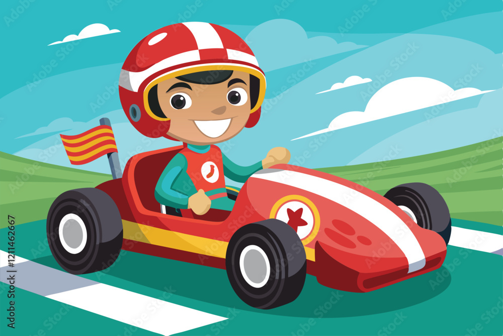 A young boy races his bright red kart with a big smile on a sunny track Funny karting boy riding a race car. A young boy races his bright red kart with a big smile on a sunny track Funny karting boy riding a race car.