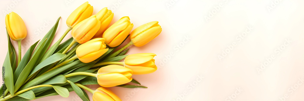 Minimalistic composition of fresh yellow tulips. Delicate spring bouquet with copyspace Minimalistic composition of fresh yellow tulips. Delicate spring bouquet with copyspace