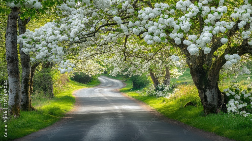 A beautiful countryside road lined with blooming white flowers, perfect for a peaceful walk or drive. A beautiful countryside road lined with blooming white flowers, perfect for a peaceful walk or drive.