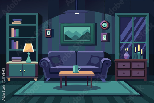 A stylish dark living room features a couch, coffee table, and lamps, creating a cozy ambiance for relaxation Furniture for living room dark,