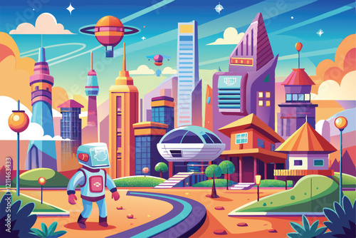 An astronaut walks through a lively future city filled with unique and colorful buildings Future city Customizable Cartoon Illustration