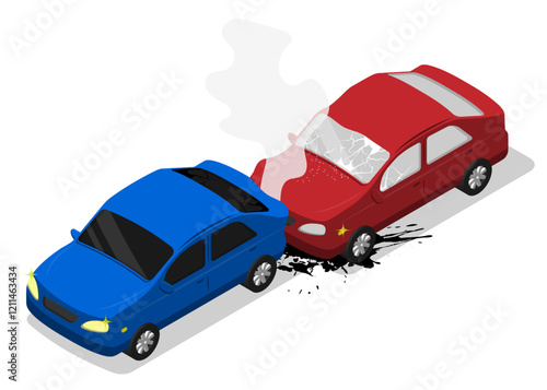 Isometric cars In auto accident on road. Consequences of failure to keep safe distance on dangerous section of road and inattentive driving. Aerial view 3D vector isolated on white background