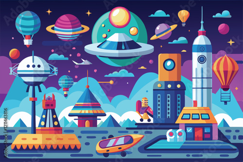 Explore a colorful futuristic world filled with rockets, flying saucers, and vibrant balloons Futuristic world, Cartoon flat vector collection isolated