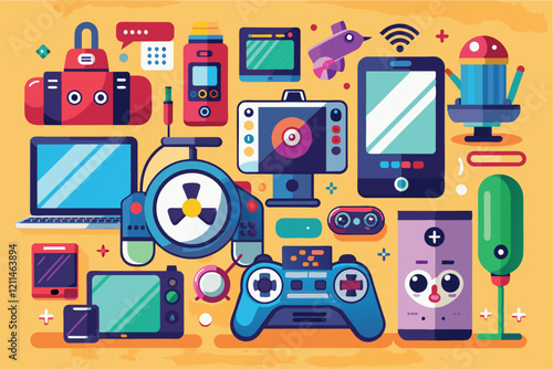 Colorful gadgets and devices are arranged in an eye-catching layout, highlighting their modern designs and features Gadgets collection trending