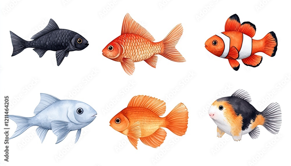 Naklejka premium Colorful illustration of various fish species swimming together, showcasing their unique features and colors