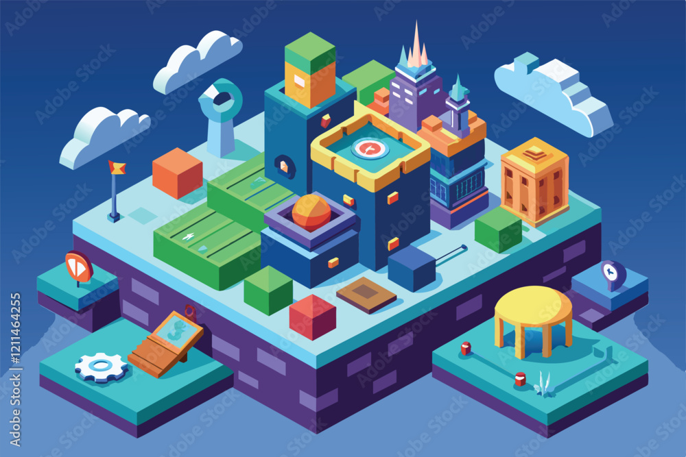 This colorful visual depicts an interactive, customizable digital landscape designed for game analytics Game analytics Customizable Isometric Illustration This colorful visual depicts an interactive, customizable digital landscape designed for game analytics Game analytics Customizable Isometric Illustration