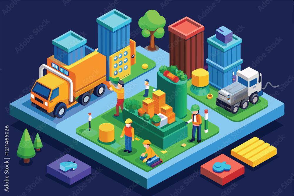 Workers manage waste disposal and recycling activities with vehicles and bins in a vibrant urban setting Garbage management Customizable Isometric Illustration Workers manage waste disposal and recycling activities with vehicles and bins in a vibrant urban setting Garbage management Customizable Isometric Illustration