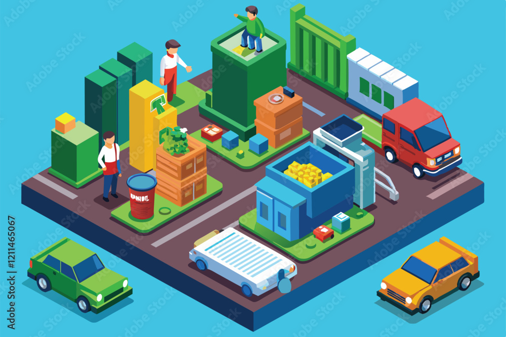 People manage waste, sort recyclables, and transport materials in a vibrant isometric urban setting Garbage management Customizable Isometric Illustration People manage waste, sort recyclables, and transport materials in a vibrant isometric urban setting Garbage management Customizable Isometric Illustration