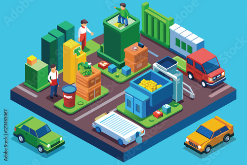 People manage waste, sort recyclables, and transport materials in a vibrant isometric urban setting Garbage management Customizable Isometric Illustration