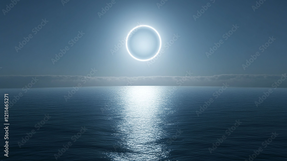 Full moon with a halo effect casting a soft glow over a misty horizon. Full moon with a halo effect casting a soft glow over a misty horizon.
