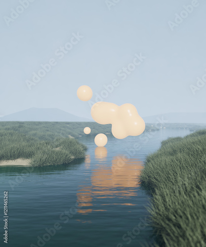 Scandinavian landscape with river, fog, thick grass, spherical Sci-Fi spherical metafigure. Fantastic background with copyspace. 3d render, 3d illustration.