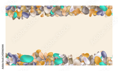Empty sheet of horizontal banner with sea pebbles pressed. Backdrop for designing of tourist backgrounds. Realistic vector