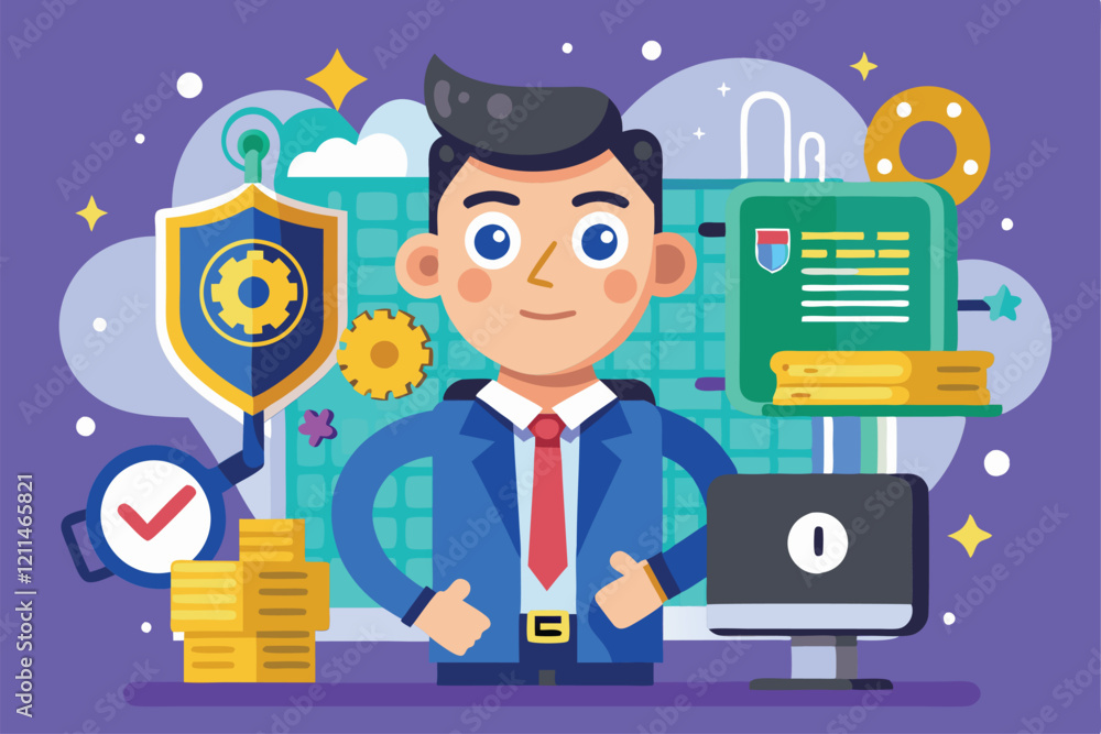 A cartoon professional stands confidently with symbols of data protection and regulatory compliance around him Gdpr Customizable Cartoon Illustration A cartoon professional stands confidently with symbols of data protection and regulatory compliance around him Gdpr Customizable Cartoon Illustration