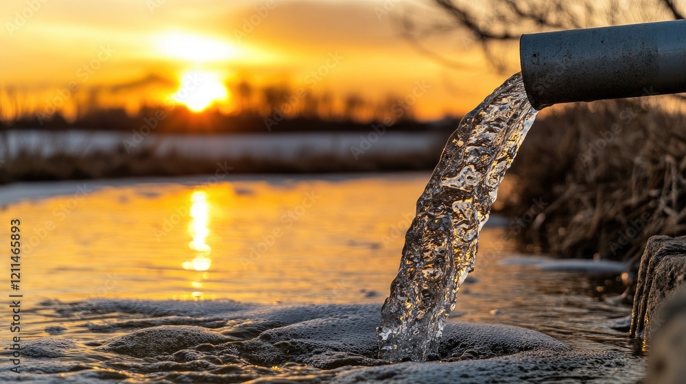 Fototapeta premium A drain pipe discharging water into a gutter with the sun setting in the background