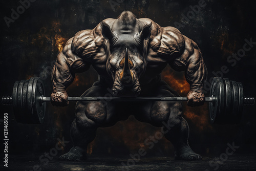 Muscular giant man with a rhino head holding a large barbell on a dark background.