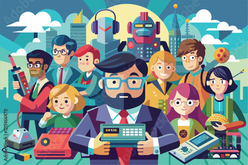 Attendees proudly showcase their favorite collectibles and tech at a lively geek convention celebration Geek convention Customizable Semi Flat Illustration