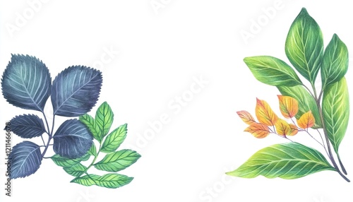 Vibrant illustration of diverse leaves showcasing intricate details and colors against a white backdrop