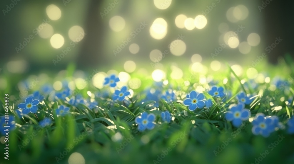 Obraz premium Delicate Blue Flowers Blooming in a Sunlit Green Meadow