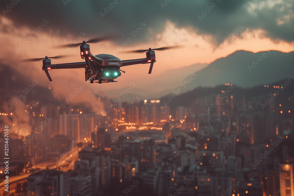 Quadcopter drone flying on night city background.. Quadcopter drone flying on night city background..