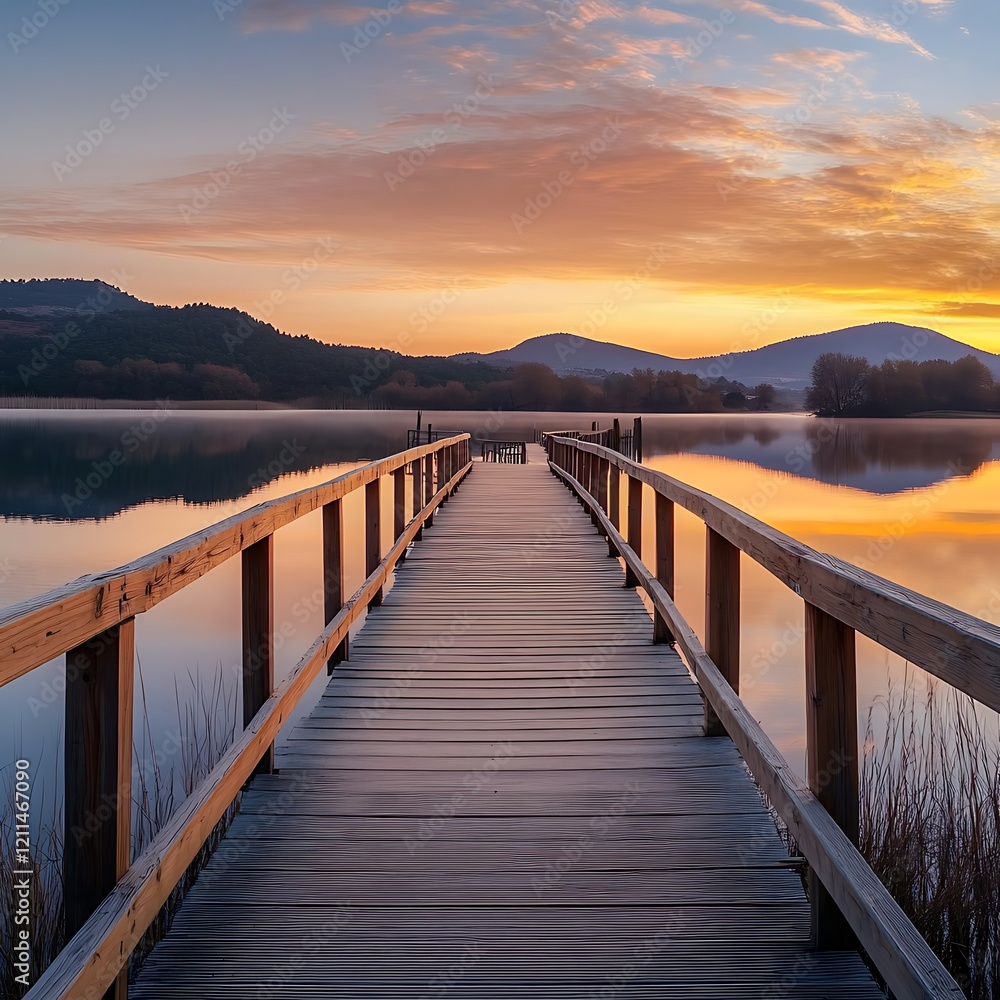 Fototapeta premium Wooden walkway leading to the lake at sunset with beautiful landscape
