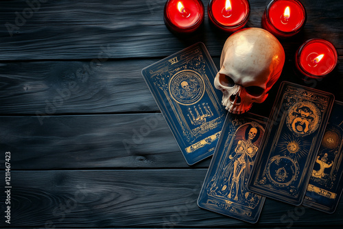 Tarot cards, burning candles, and human skull on an antique table background, fortune telling, future reading concept.