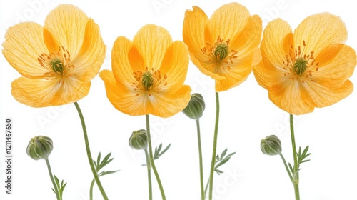 Four Vibrant Yellow Flowers with Green Buds on White Background