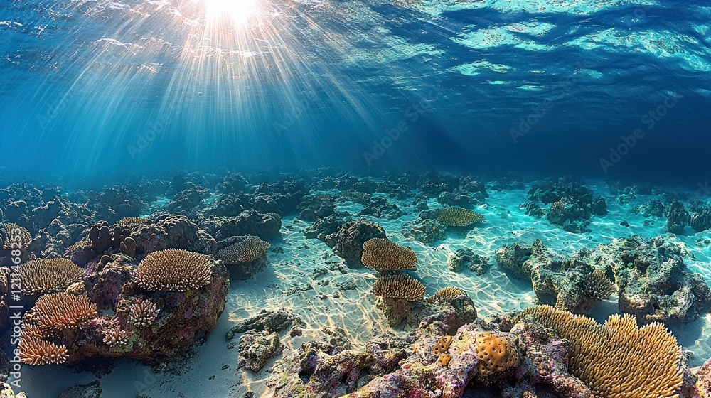 Fototapeta premium Sunbeams Illuminate Vibrant Underwater Coral Reef