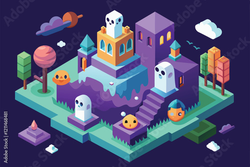 A colorful isometric landscape showcases cheerful ghosts interacting playfully in a magical environment Ghosts Customizable Isometric Illustration