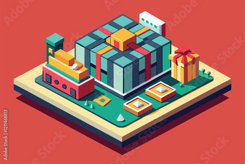 Customizable gift card design features vibrant decorations and presents in a playful isometric style Gift card Customizable Isometric Illustration
