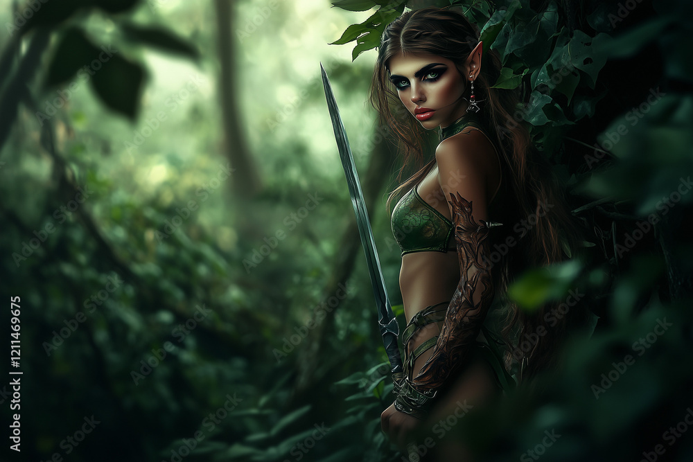 Beautiful forest elf girl with a sharp blade on the background of green jungles.. Beautiful forest elf girl with a sharp blade on the background of green jungles..