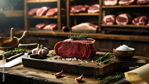 Freshly Sliced Steak on Butcher’s Block with Rosemary, Garlic, and Sea Salt photo