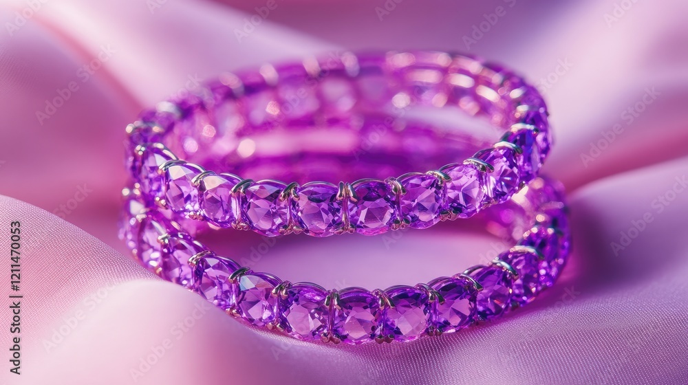 A set of beautiful purple crystal bangles stacked together, placed against a textured fabric backdrop. A set of beautiful purple crystal bangles stacked together, placed against a textured fabric backdrop.