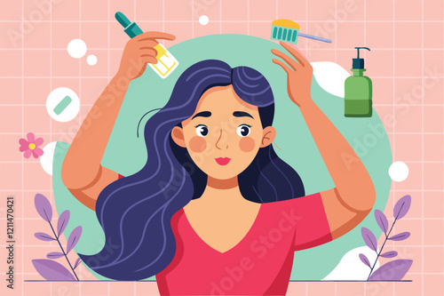 A girl applies serum to her scalp and hair follicles while surrounded by hair care products Girl applies serum to follicles and scalp,