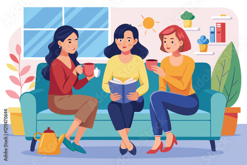 Three girlfriends relax on a couch, sipping hot drinks and engaged in lively conversation Girlfriends with hot drinks sit on couch and discuss news, rumors and gossip,