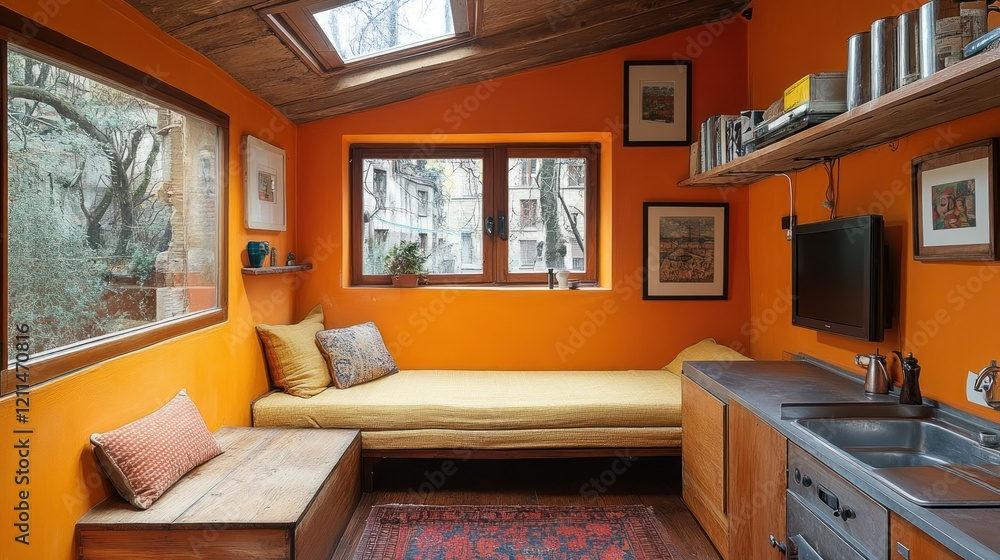 Naklejka premium Vibrant Orange Studio Apartment with Built-in Daybed and Kitchenette