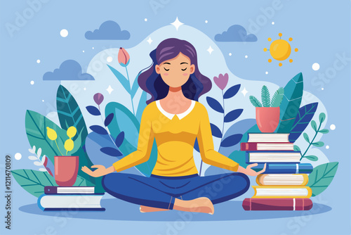 A girl meditates peacefully with books and plants around her on a bright, sunny day girl meditating in lotus position with books